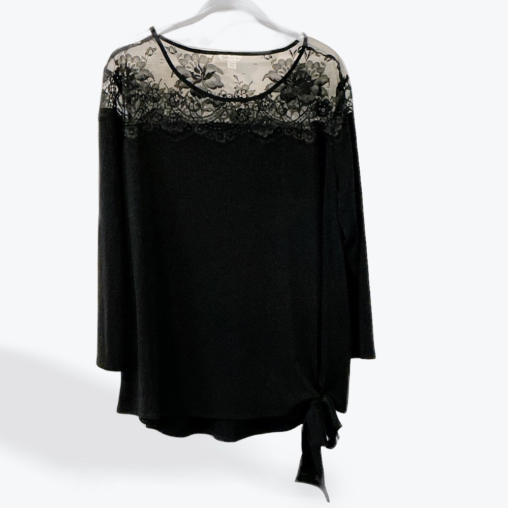 Cato Women Black‎ Lace Inset Tie Waist Long Sleeve Top Plus Size 18W 20W